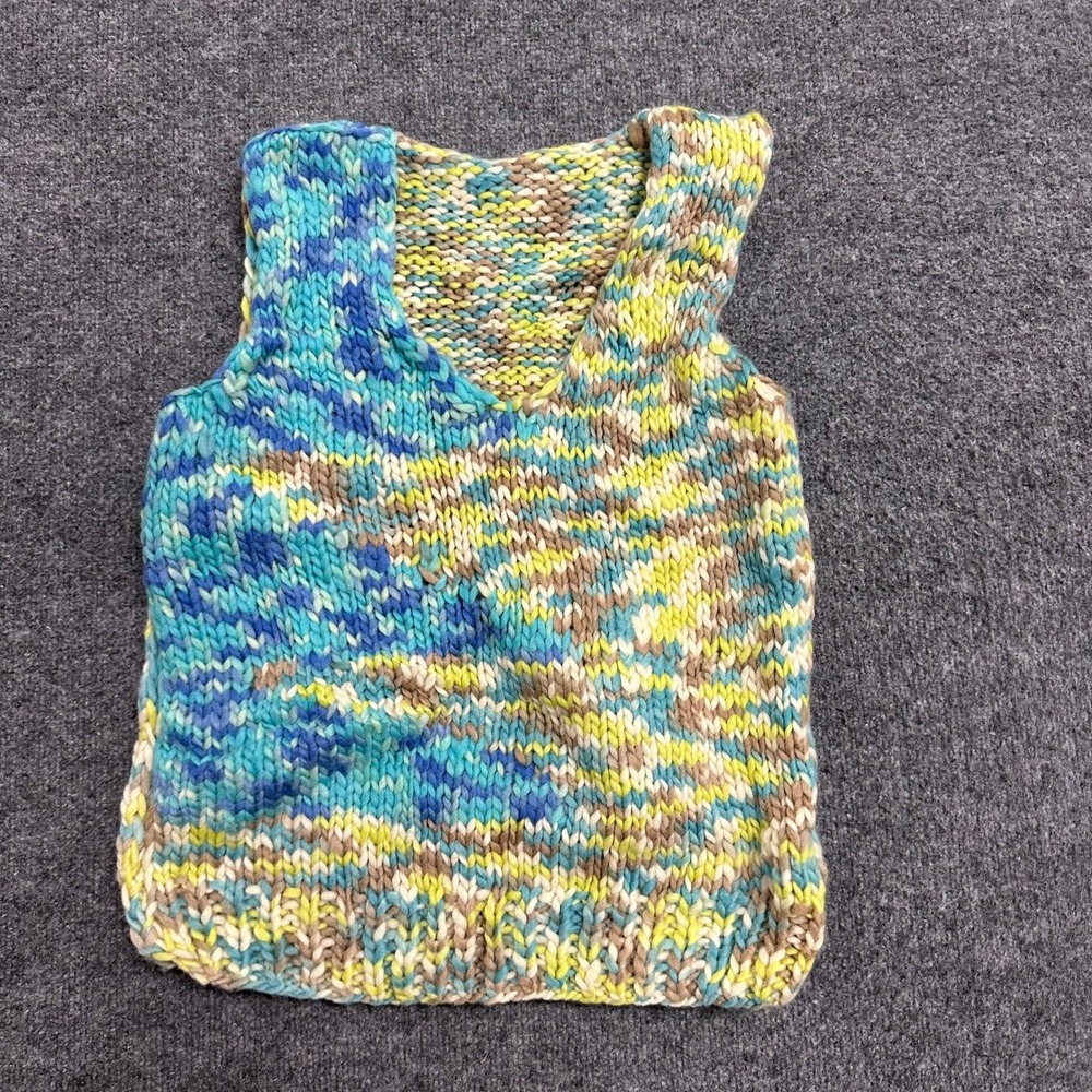 Handmade Sweater Vest Womens Size S Blue Yellow Chunky Knit V-Neck Sleeveless